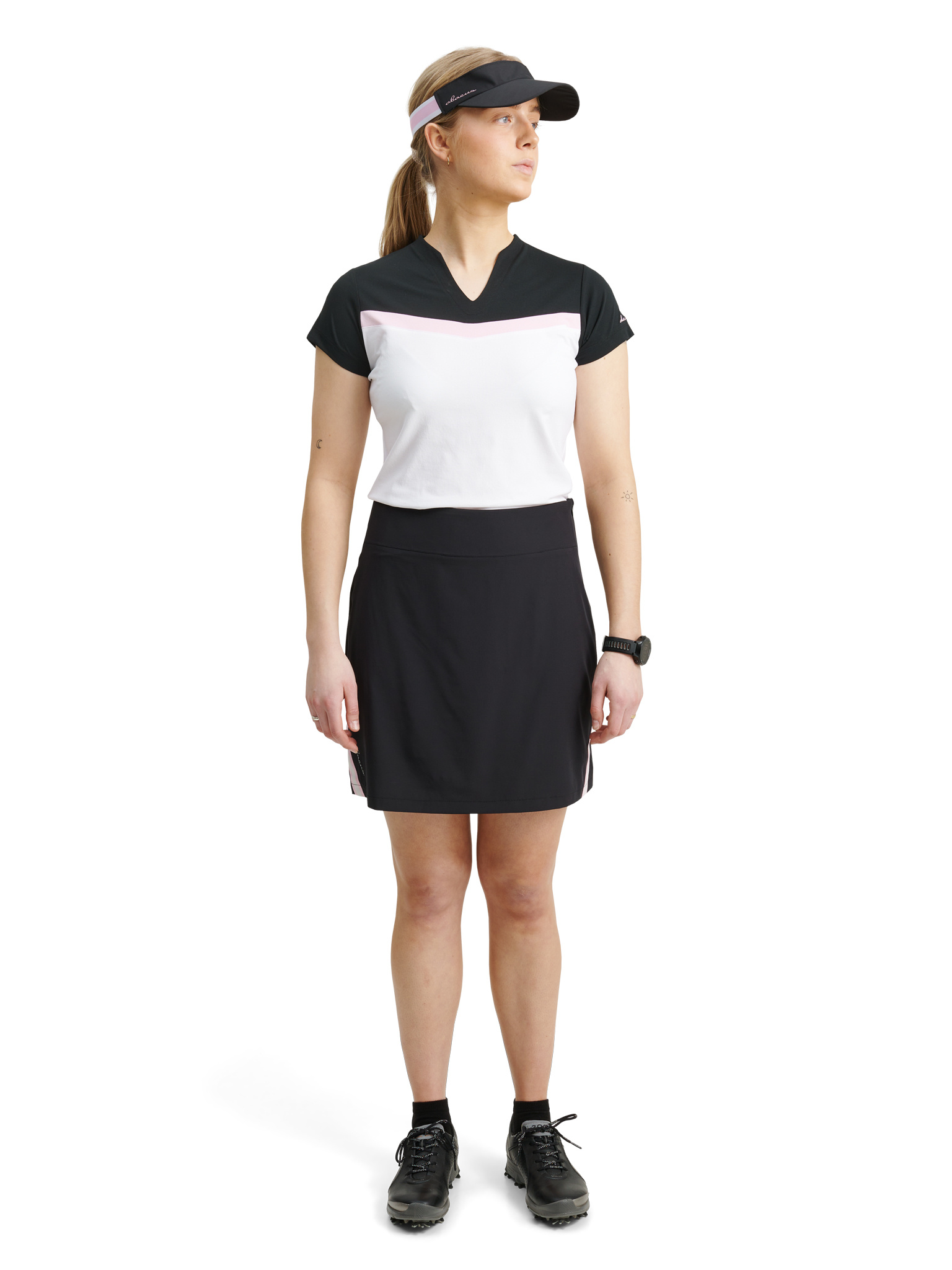 Lds Brook stripe skort 45cm - black/begonia